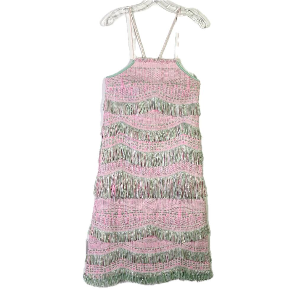 NWOT ANGEL CHEN Dress 6 Pink Green Fringe-Stripe Bow-Tassels Slit Pocket Midi